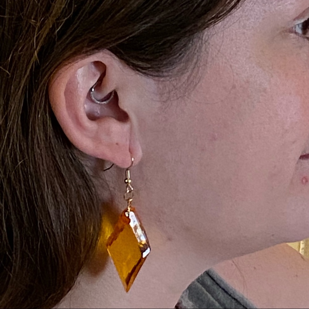 HAND CRAFTED Earrings Orange Gold Dangle Long Pierced Diamond Acrylic Retro - Picture 2 of 6